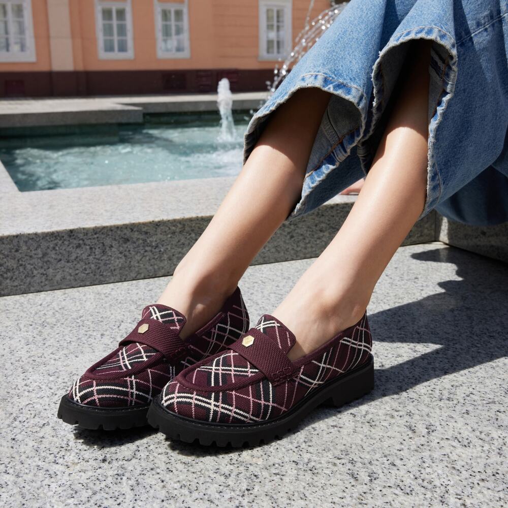 Vivaia Francesca Platform Chunky Heel Penny Minimalist Bordeaux Plaid Loafer 8